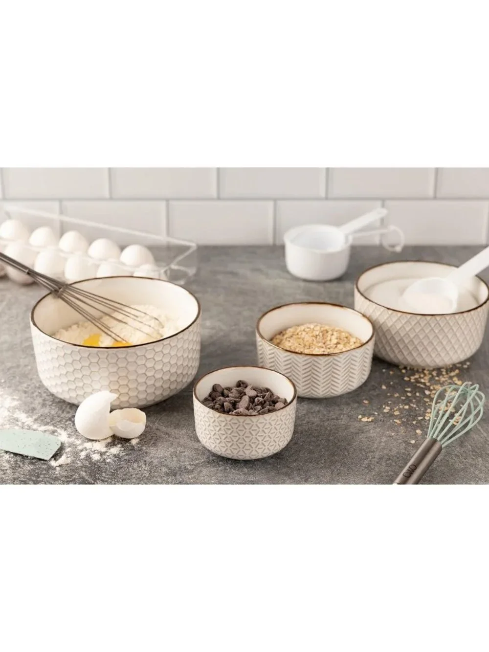 Set of 4 Ivory Ceramic Nesting Bowls with Lids, Embossed Stoneware Kitchenware
